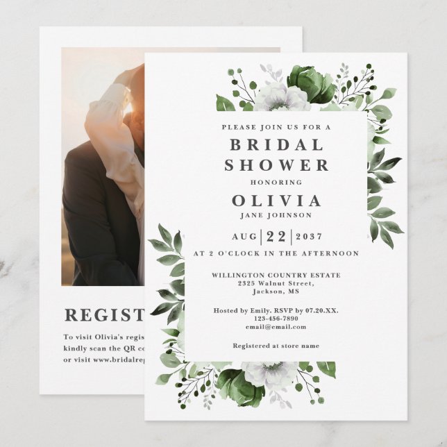 Invitation Olive Green Floral Fête des mariées Photo QR Code (Devant / Derrière)