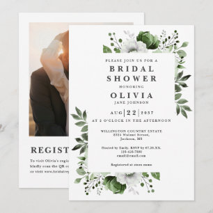Invitation Olive Green Floral Fête des mariées Photo QR Code