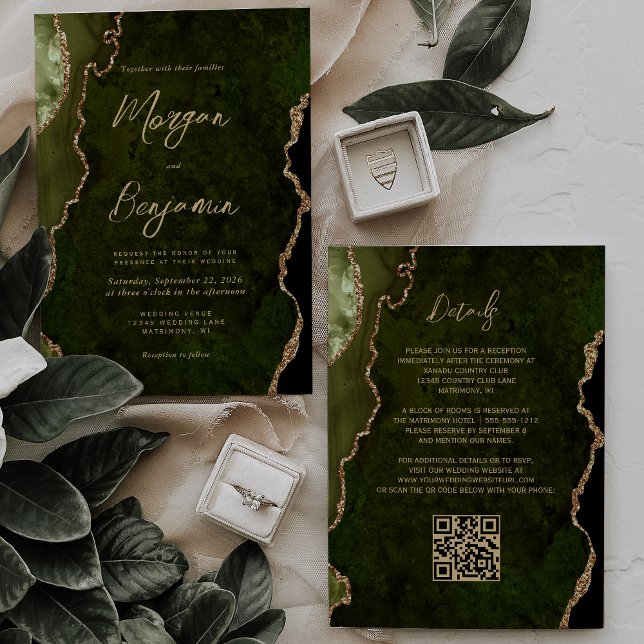 Invitation Olive Green Gold Agate Script QR Code Mariage (Créateur téléchargé)