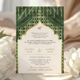 Invitation Olive Green Gold Quatrefoil QR Code Sikh Mariage