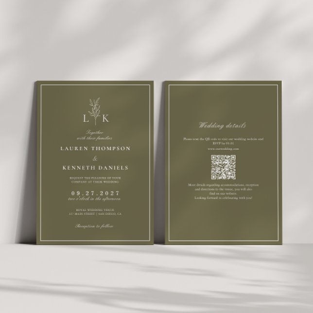 Invitation Olive Green Leaf Monogramme QR Code Mariage (Créateur téléchargé)