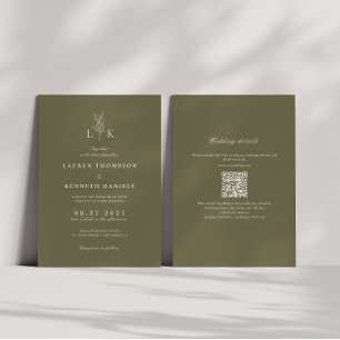 Invitation Olive Green Leaf Monogramme QR Code Mariage