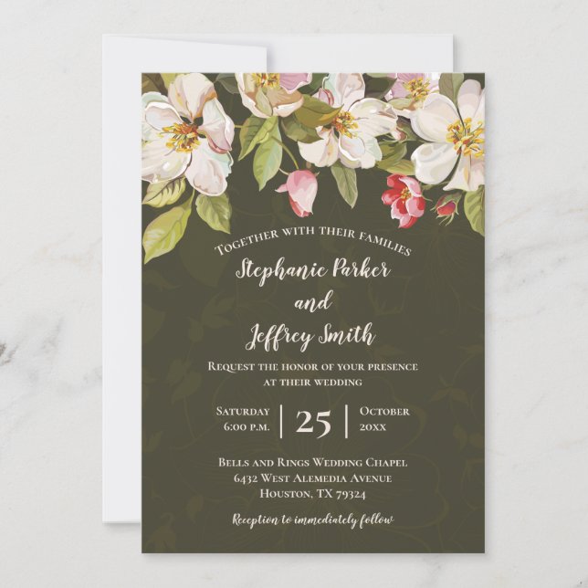 Invitation Olive Green + Magnolia Rose Mariage Floral Inviter (Devant)