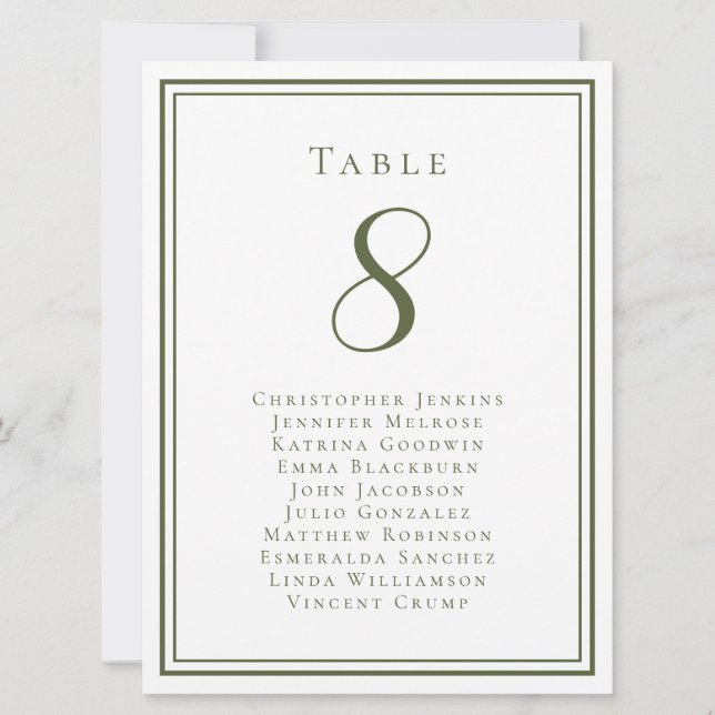 Invitation Olive Green Mariage Siège Invité Numéro de tableau (Devant)