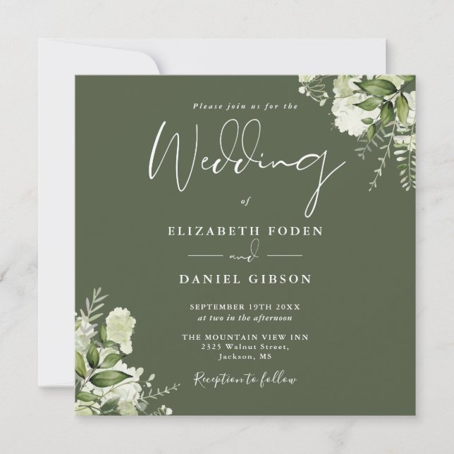 Invitation Olive Greenery Floral Monogramme Carré Mariage (Devant)
