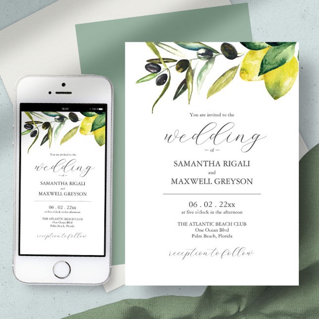 Invitation Olive Lemon Mariage Elégante aquarelle Botanique (editable wedding invitation cheap card and digital download virtual botanical lemon and olive branch)