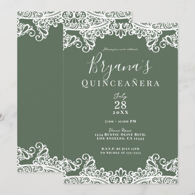 Invitation Olive rustique & dentelle blanche Elégante Quincea (Devant / Derrière)