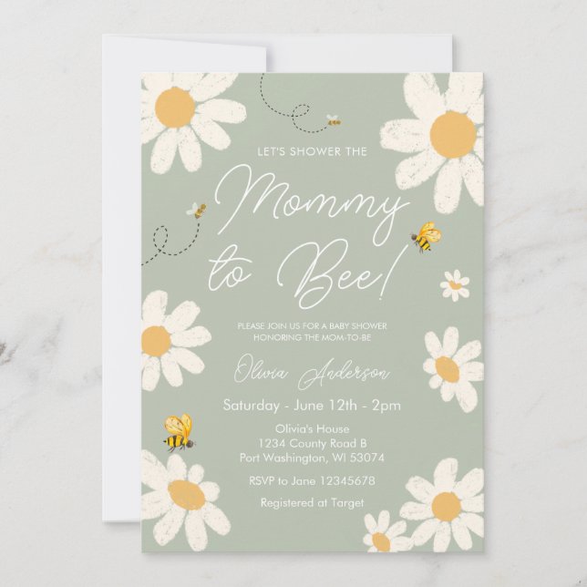 Invitation Olive Sage Daisy Retro Mommy to Bee Baby shower (Devant)
