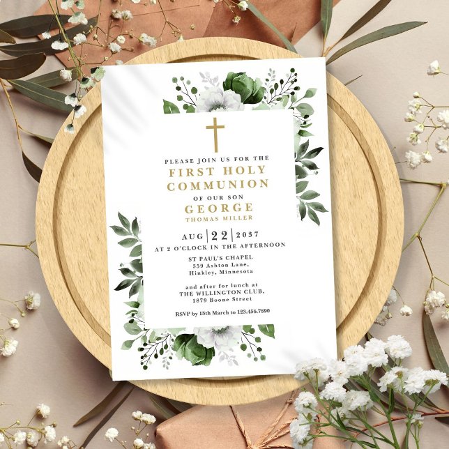 Invitation Olive Vert Floral Moderne Première Communion Saint (Olive Green Floral Modern First Holy Communion Invitation)
