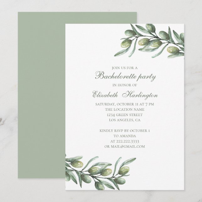 Invitation Olives. Bachelorette italienne. Botanique d'été (Devant / Derrière)