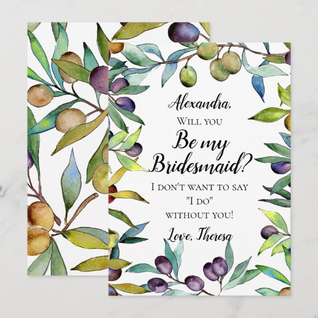 Invitation Olives savoureuses Aquarelle toscane Be My Bridesm (Devant / Derrière)