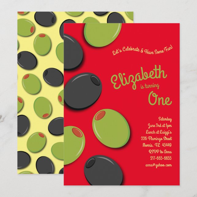 Invitation Olives vertes et noires 1er anniversaire pour les  (Devant / Derrière)