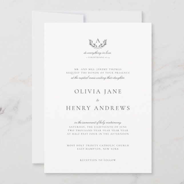 Invitation Olivia Classic Grey Monogram Mariage catholique (Devant)