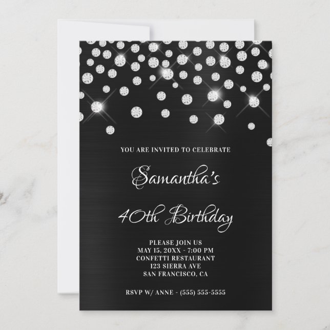 Invitation Ombre à huile de satin noir Confetti en diamant (Devant)
