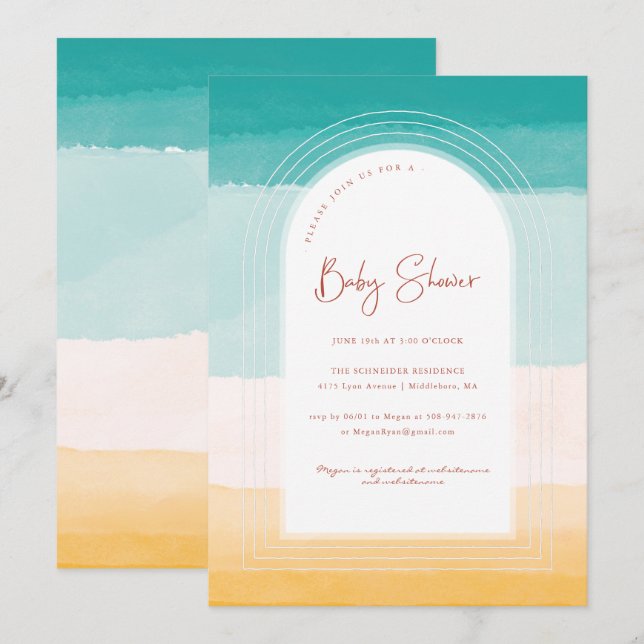 Invitation Ombre Beach Sun & Sand | Baby shower arc-en-ciel (Devant / Derrière)