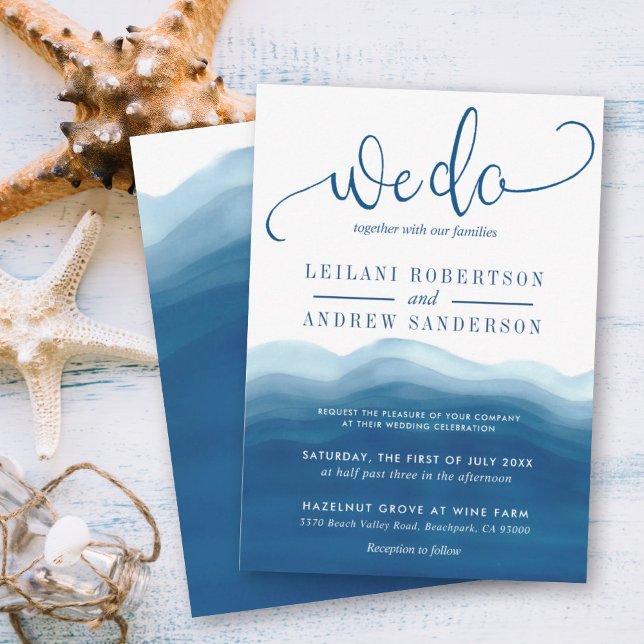 Invitation Ombre Bleue Aquarelle Vague Nous Nous Marions (We do hand lettered beach-inspired wedding invitation with a blue wave watercolor ombre background.)