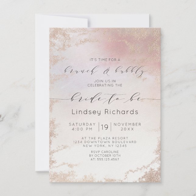 Invitation Ombre Blush Pink Frosted Brunch & Bubbly Douche (Devant)