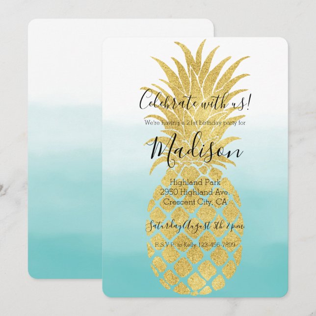 Invitation Ombre d'aquarelle de Glam Gold Pineappa Aqua (Devant / Derrière)