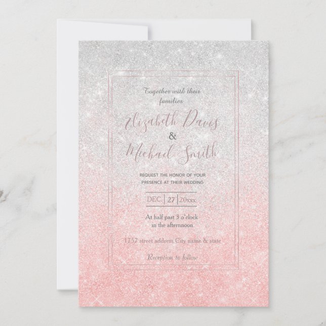 Invitation Ombre de Parties scintillant en argent et rose (Devant)