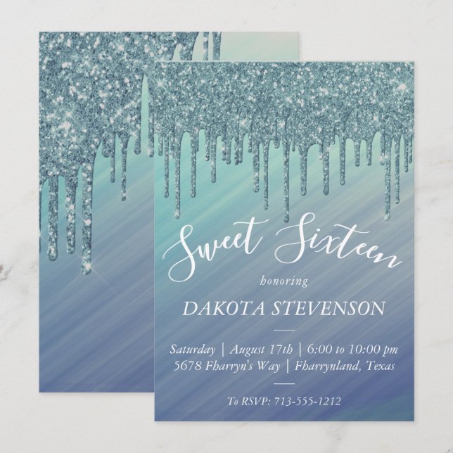 Invitation Ombre de séchage | Vert et bleu étincelant doux 16 (Devant / Derrière)