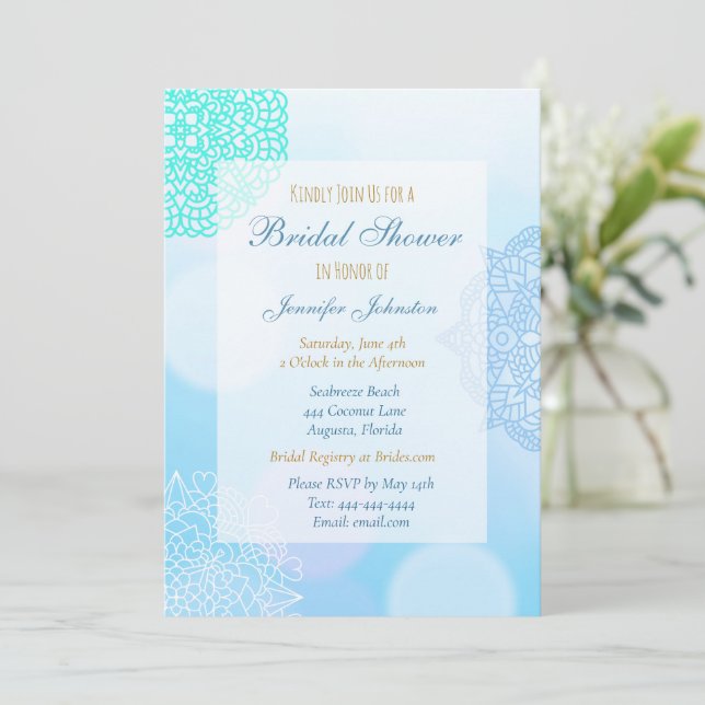 Invitation Ombre Fête des mariées Mandala bleu, Turquoise et  (Debout devant)