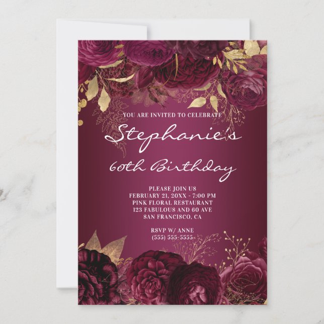 Invitation Ombre florale d'or et de Bourgogne 60e anniversair (Devant)