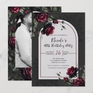 Invitation Ombre Gris Fleurs Roses Rouges de Bordeaux Anniver