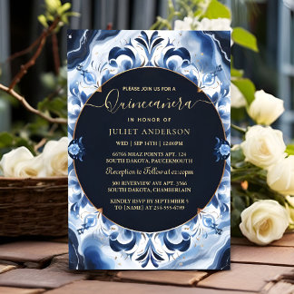 Invitation Ombre ivoire Ciel or Royal Blue Quinceanera