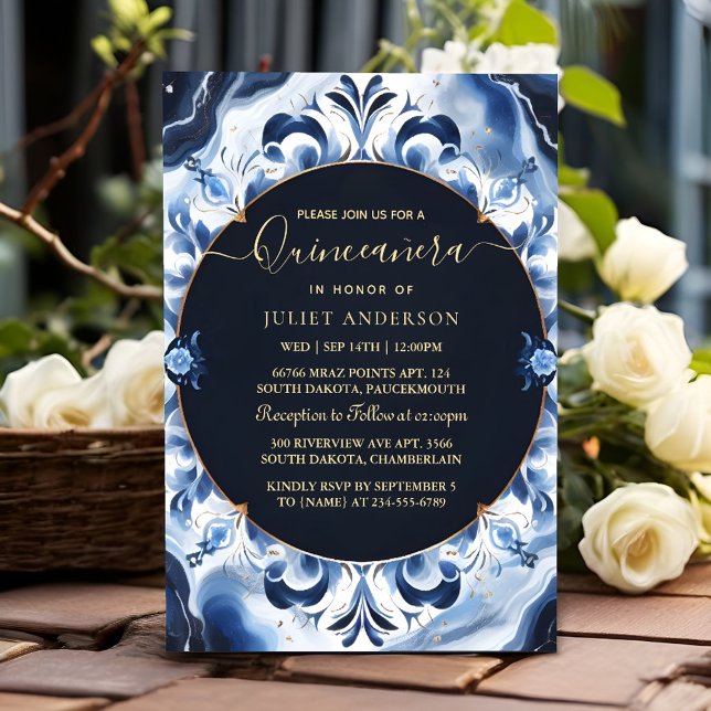 Invitation Ombre ivoire Ciel or Royal Blue Quinceanera (Créateur téléchargé)