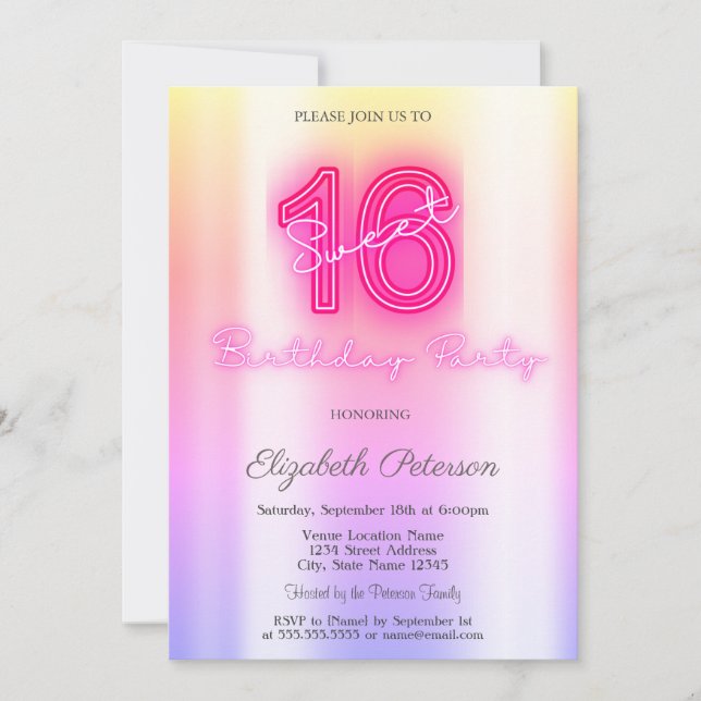Invitation Ombre Neon Sweet moderne 16 (Devant)