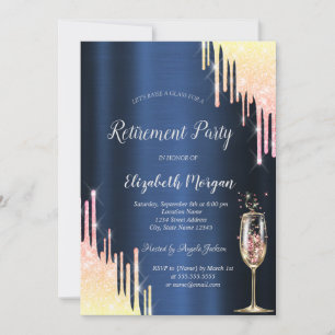 Invitation Ombre Pailletée Gouttes Verre Bleu Marine Retraite