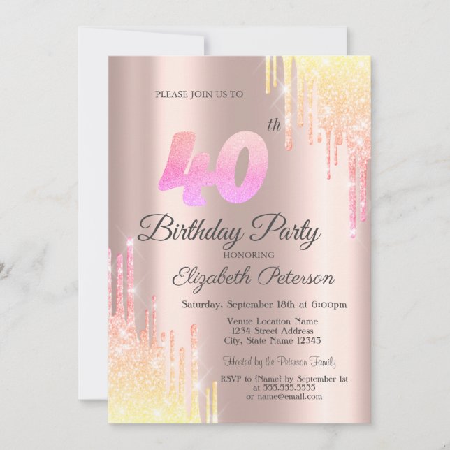 Invitation Ombre Parties scintillant Drips Rose Gold 40th Bir (Devant)