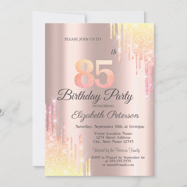 Invitation Ombre Parties scintillant Drips Rose Gold 85e fête (Devant)