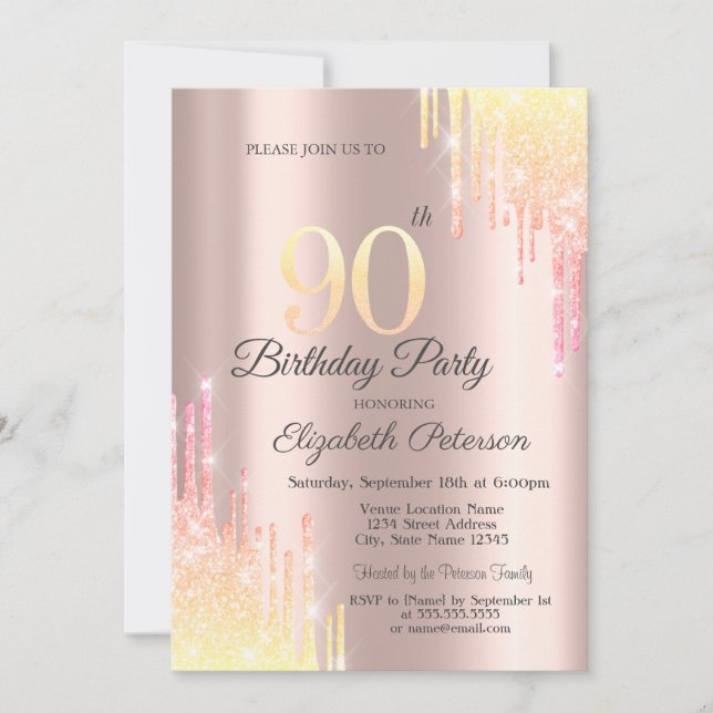 Invitation Ombre Parties scintillant Drips Rose Gold 90e fête (Devant)