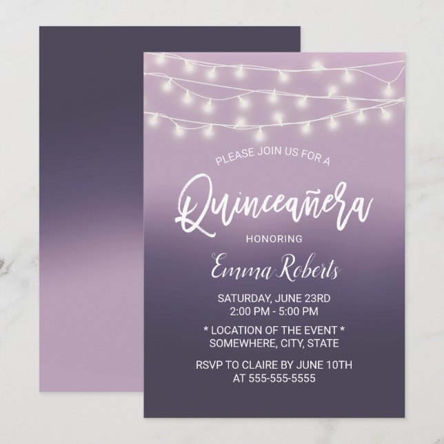Invitation Ombre Quinceanera violet moderne 15 Anniversaire (Devant / Derrière)
