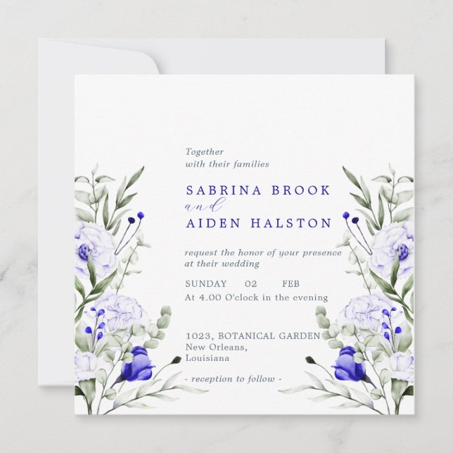 Invitation Ombre Royal Blue Ivory Floral Mariage (Devant)