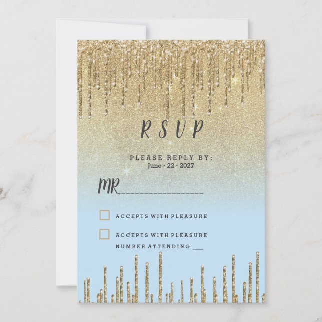 Invitation Ombre teal gold glitter drips script RSVP  (Devant)
