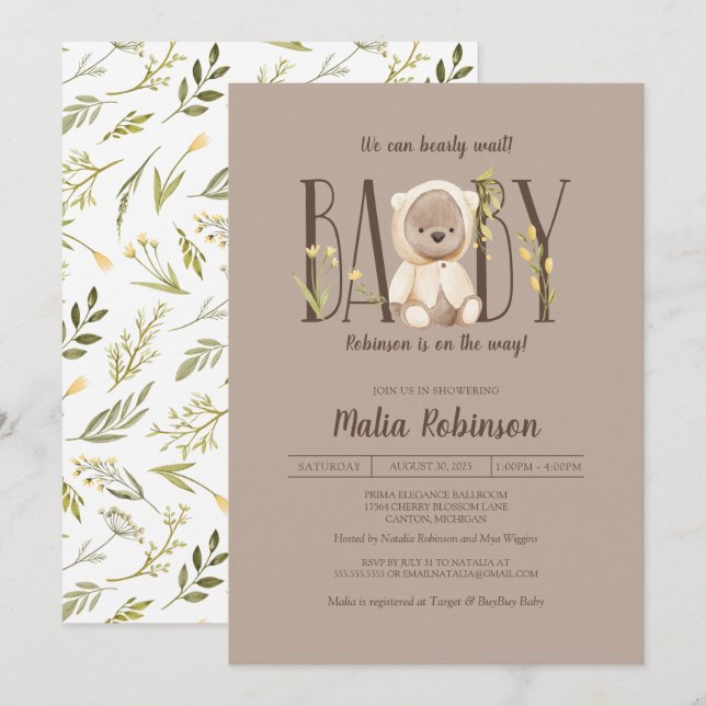 Invitation On Peut Attendre ! Baby shower d'ours en peluche j (Devant / Derrière)