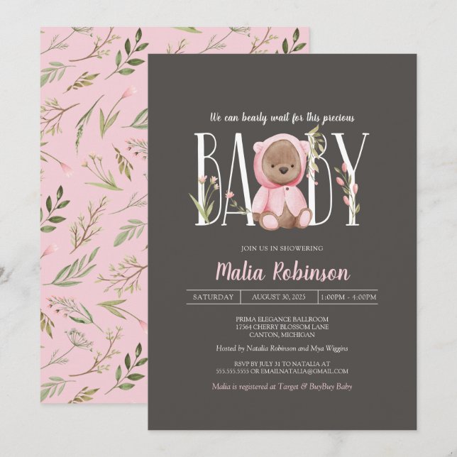 Invitation On Peut Attendre ! Baby shower fille ours en peluc (Devant / Derrière)
