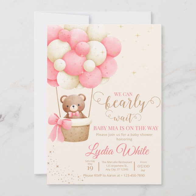 Invitation On Peut Attendre Baby shower Fille Teddy Ours (Devant)