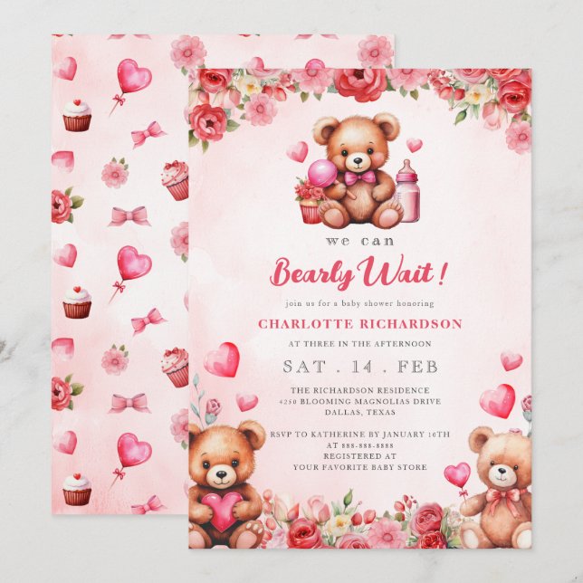 Invitation On Peut Attendre Baby shower Floral Teddy Bear (Devant / Derrière)