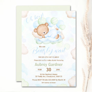 Invitation On peut attendre Bear Blue Green Boy Baby shower