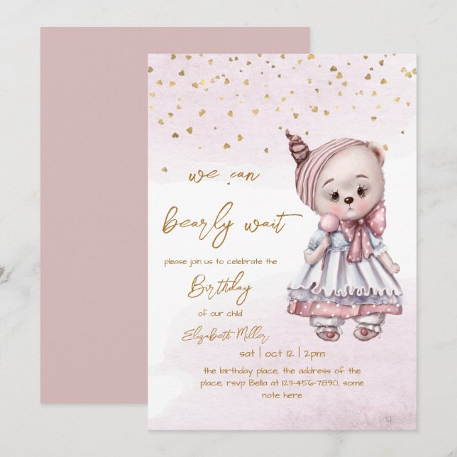 Invitation On peut attendre bébé fille 1er anniversaire (Devant / Derrière)