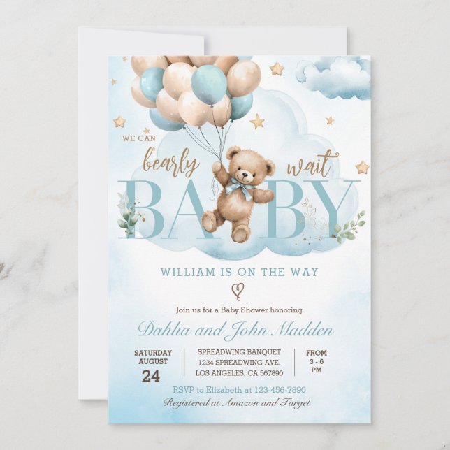Invitation On peut attendre bleu Teddy Bear Baby shower (Devant)