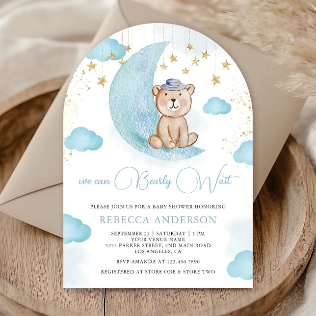 Invitation On peut attendre bleu Teddy Bear Baby shower (Créateur téléchargé)