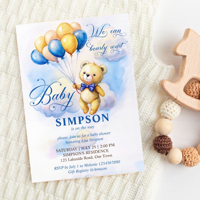 Invitation On peut attendre des ballons d'or bleu teddy migno (We can bearly wait cute teddy bear with blue gold balloons in clouds baby shower invitation template)
