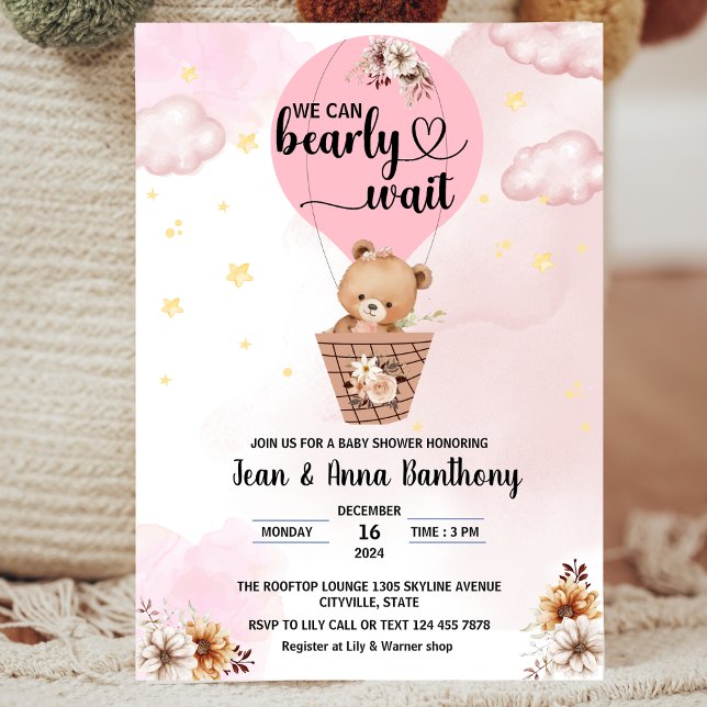 Invitation on peut attendre fille mignonne ours baby shower (Créateur téléchargé)