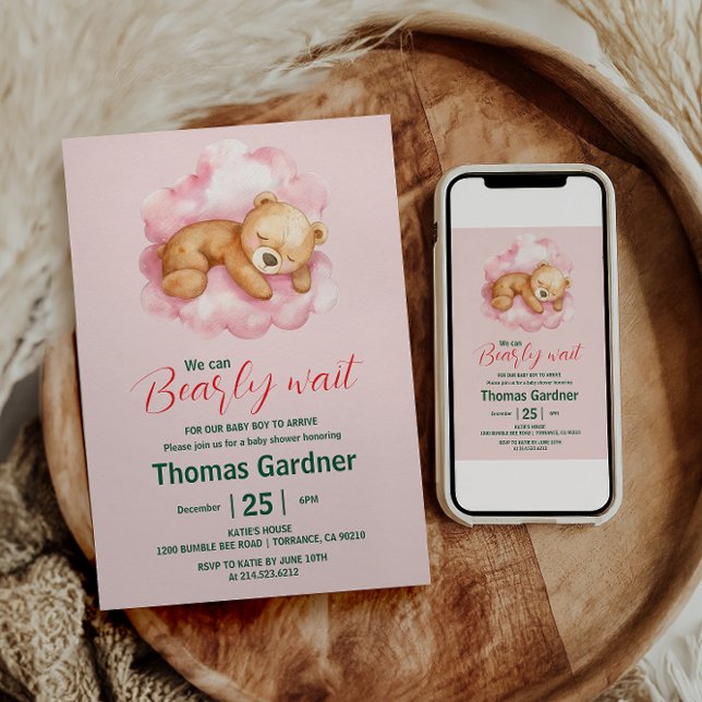 Invitation On Peut Attendre Le Baby shower À L'Ours Mignonne  (Créateur téléchargé)