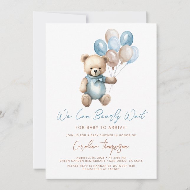 Invitation On peut attendre le Baby shower bleu (Devant)