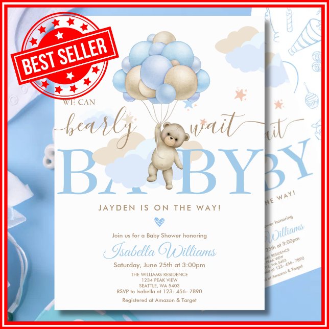 Invitation On peut attendre le Baby shower bleu (Créateur téléchargé)